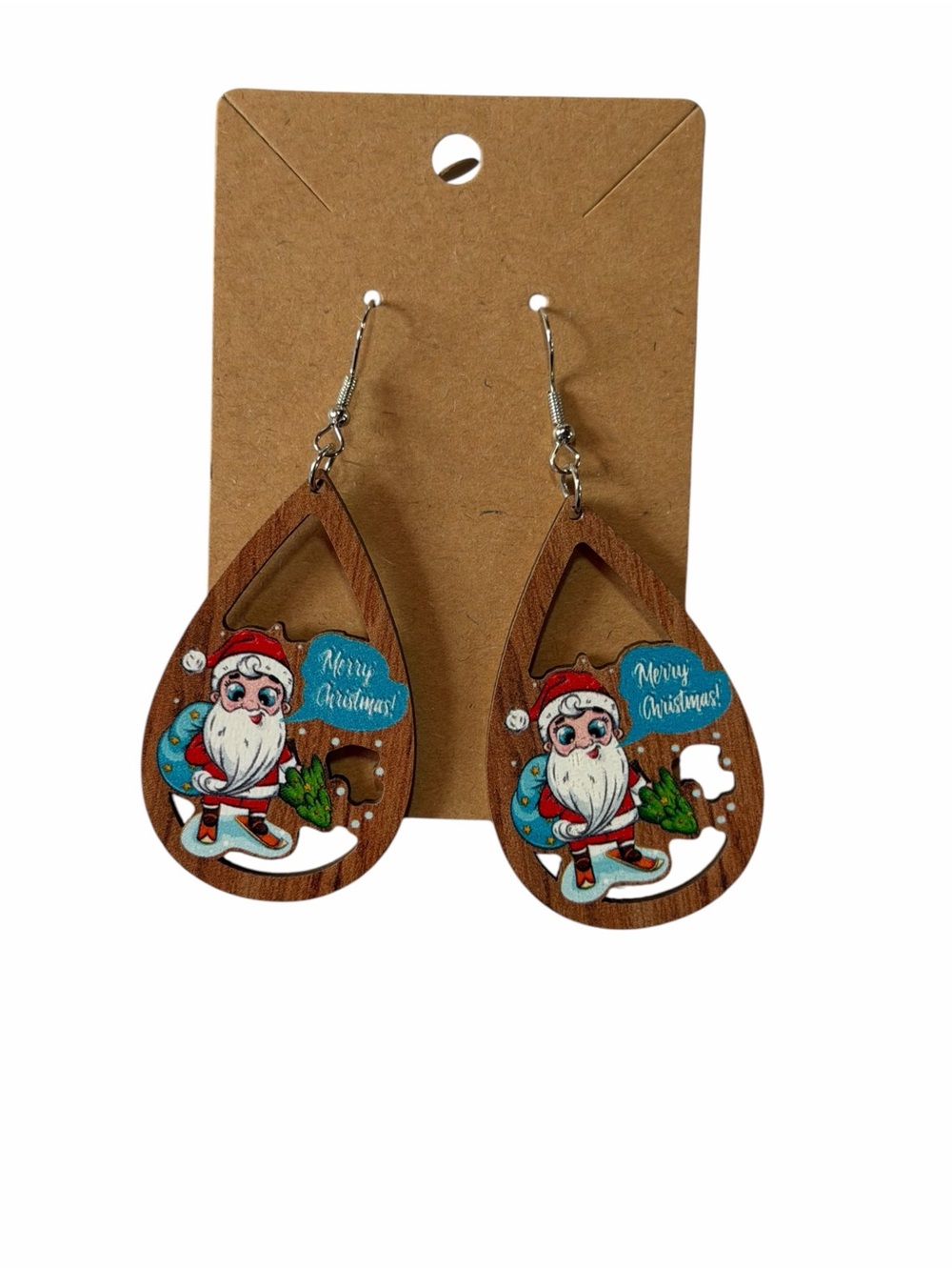 Handcrafted Wooden Santa Teardrop Earrings - Cute Christmas Design